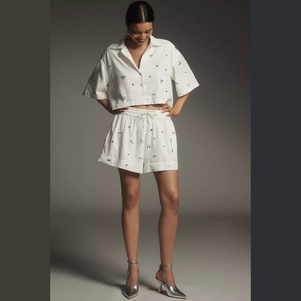 NEW Maeve - Size L, Crystal-Embellished Shorts - White